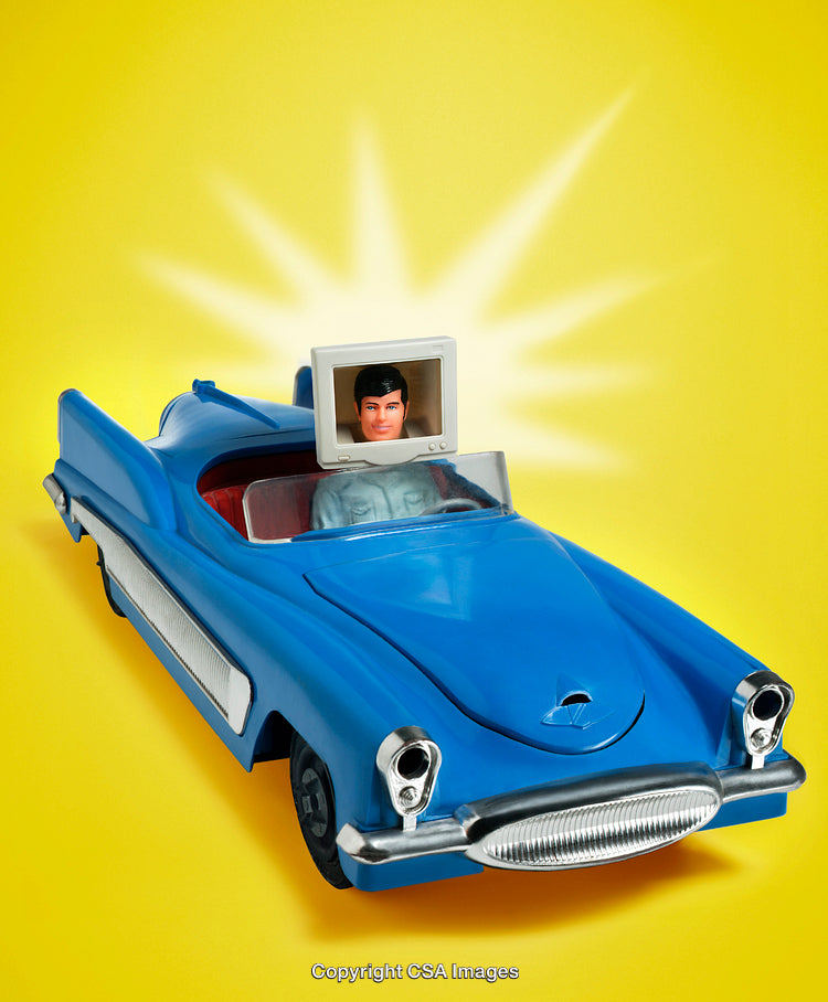 Vintage Blue Toy Car Display with Creative Male Figure
