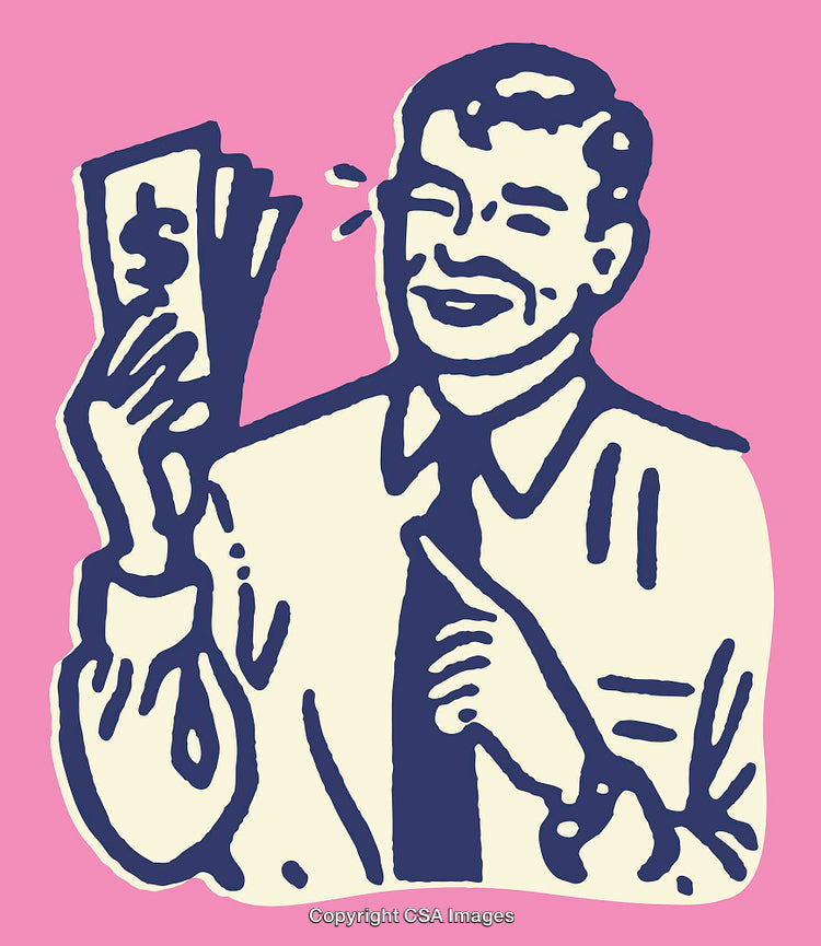 Vintage Line Art of a Smiling Businessman Holding Money