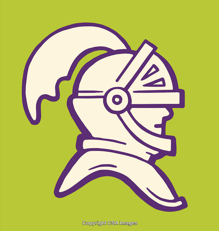 Illustrated Medieval Knight Helmet with Bold Line Art and Bright Colors