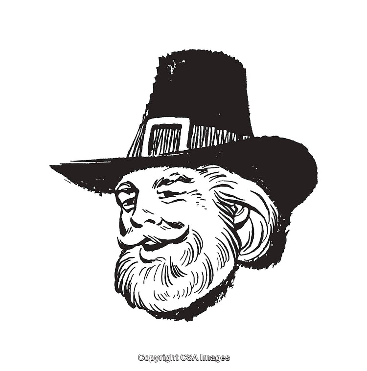 Smiling Pilgrim Illustration in Traditional Hat Line Art Style