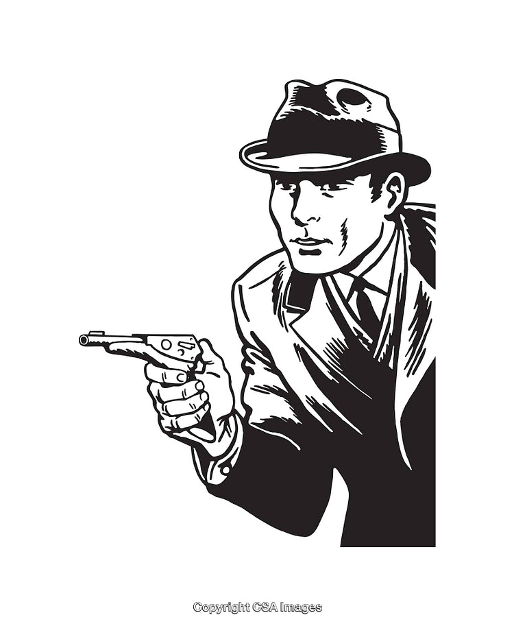 Vintage Noir Detective Holding a Gun in Black and White Illustration
