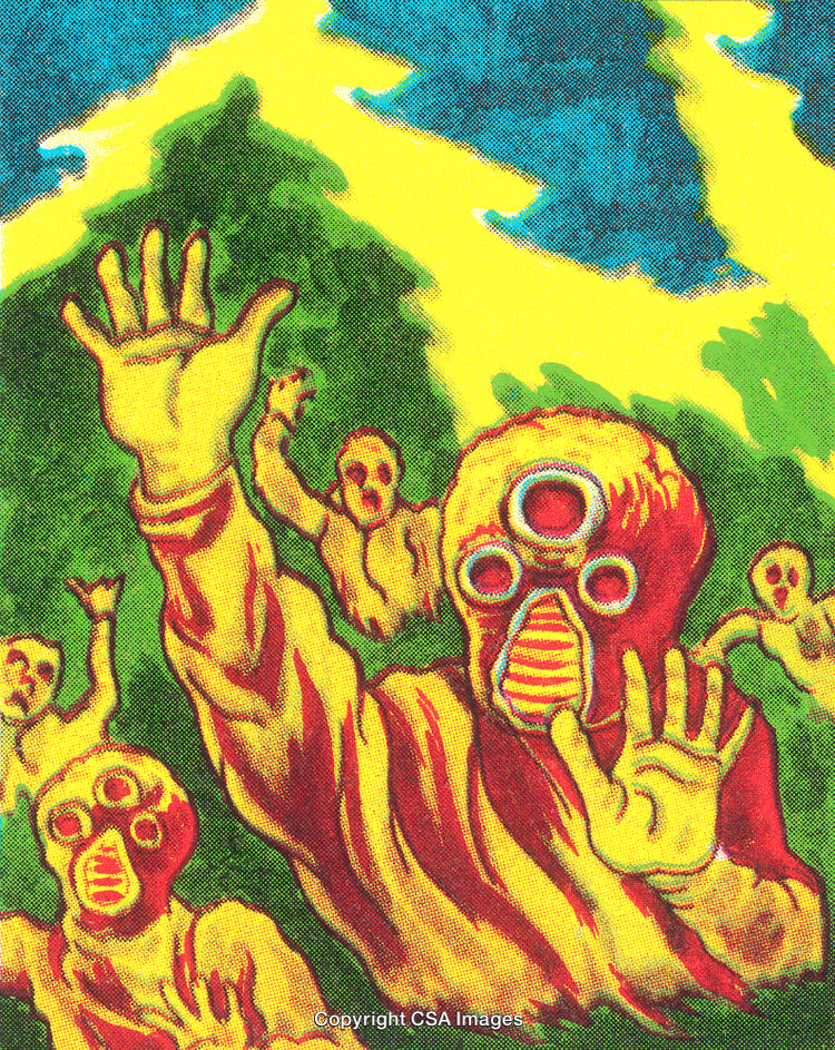 Surreal Illustration of Masked Figures in a Vibrant Apocalyptic Setting