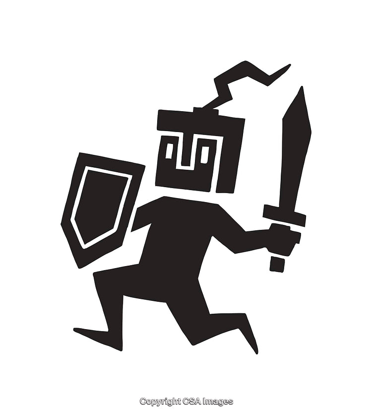 Black and White Line Art of Medieval Warrior with Sword and Shield