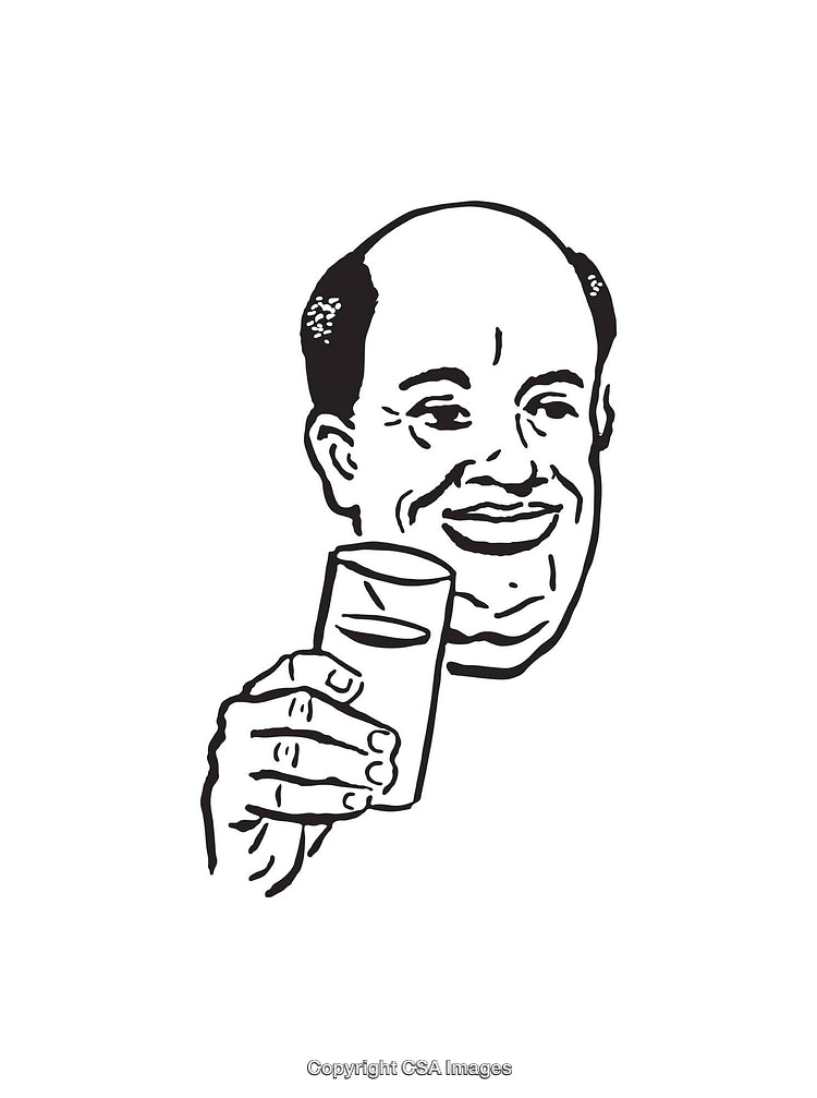Black and White Line Art Illustration of a Smiling Man Holding a Glass