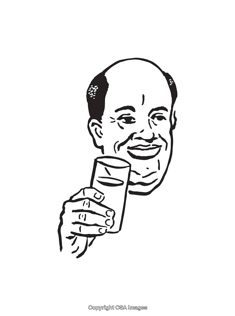 Black and White Line Art Illustration of a Smiling Man Holding a Glass
