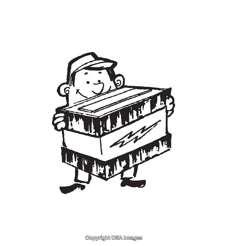 Black And White Line Art Illustration of a Happy Deliveryman with a Box