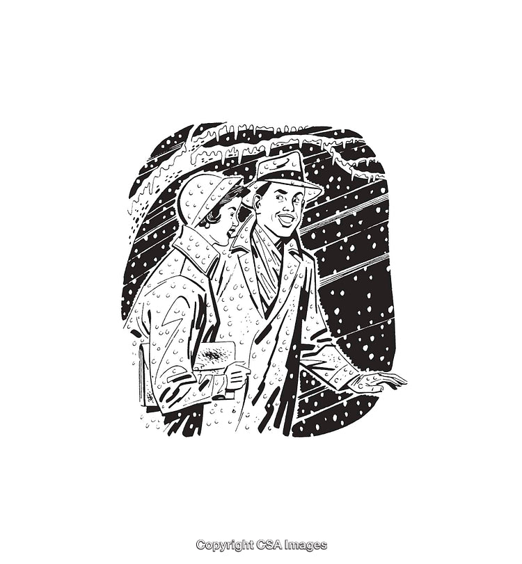 Vintage Couple Walking Together in Rainy Weather, Black and White Illustration