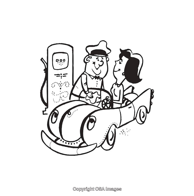Black and White Illustration of Gas Station Attendant with Female Driver
