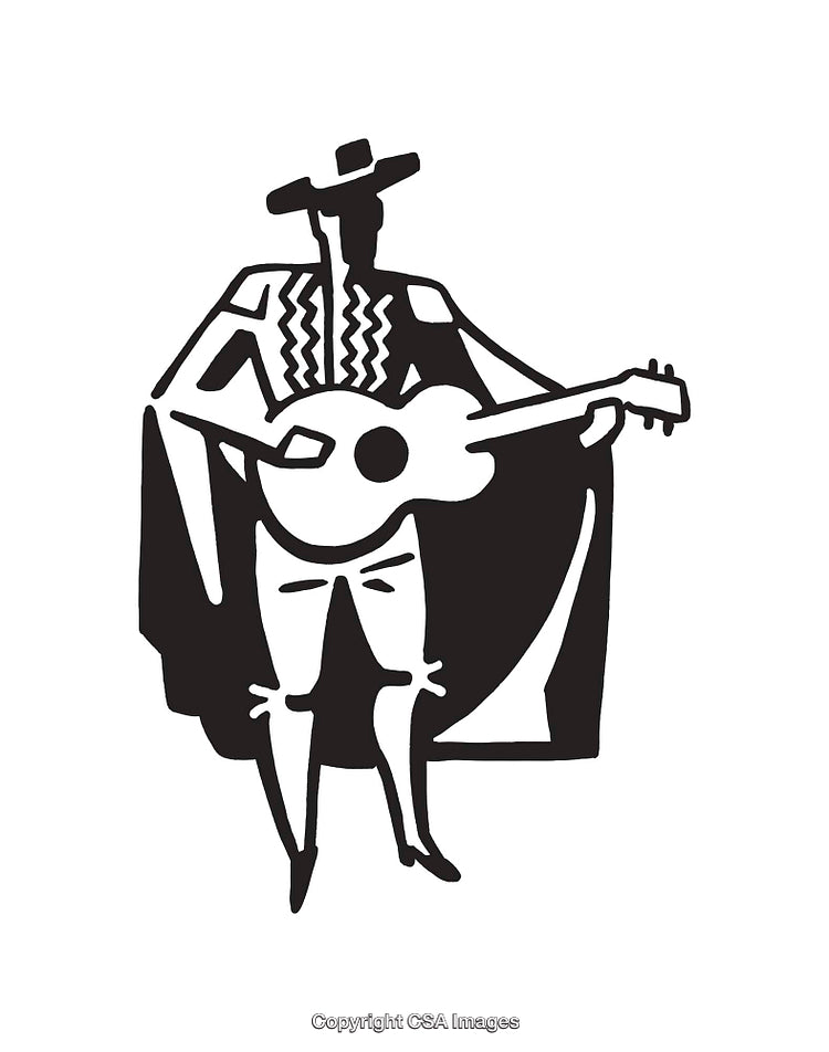Black and White Illustration of Guitarist Playing Music