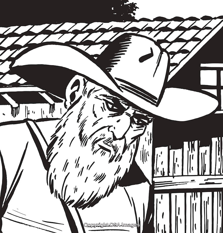Monochrome Illustration of a Cowboy with Beard in Rustic Environment