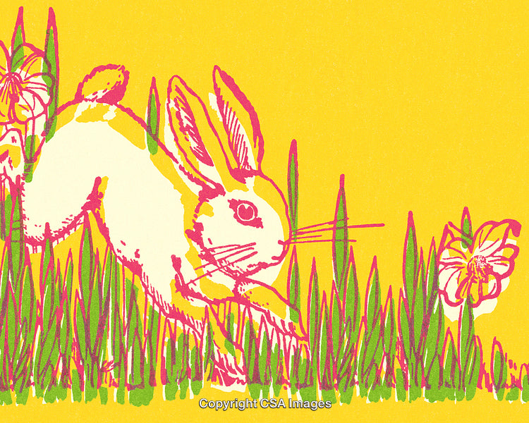 Colorful Retro Illustration of Bunny in Grass with Flowers on Yellow Background