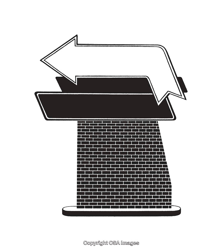 Black And White Illustration of Brick Structure With Bold Arrow Design
