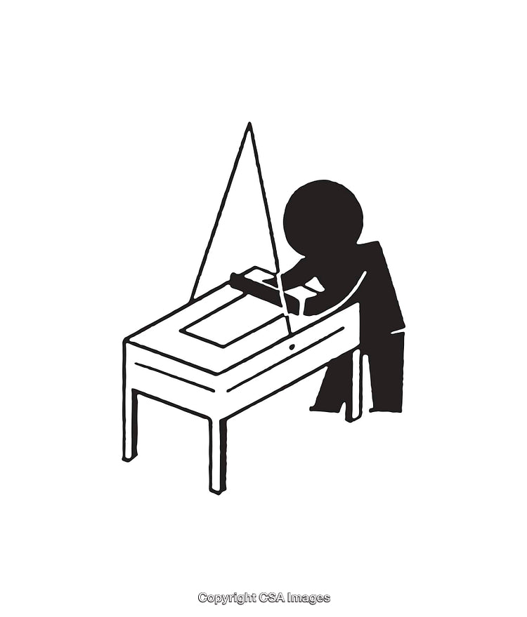 Black and White Line Art of Person Using Drafting Table
