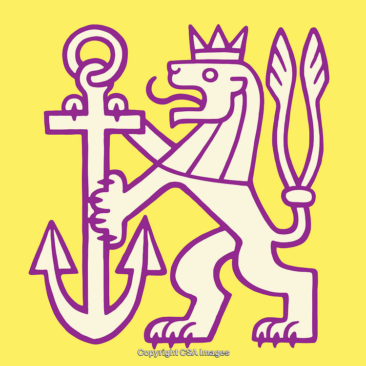 Royal Lion Holding Anchor Symbol in Yellow and Purple Line Art Design