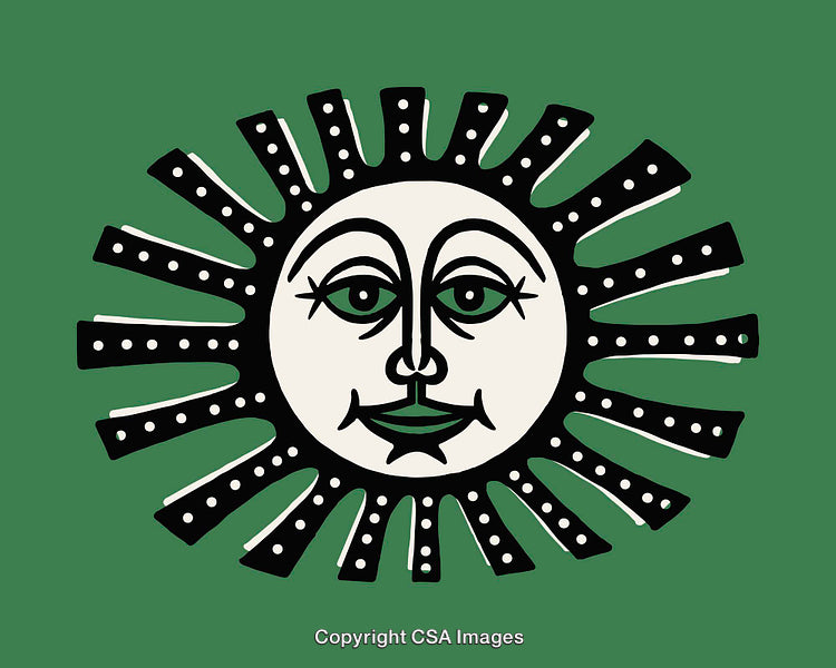 Stylized Sun Illustration with Decorative Rays and Green Background