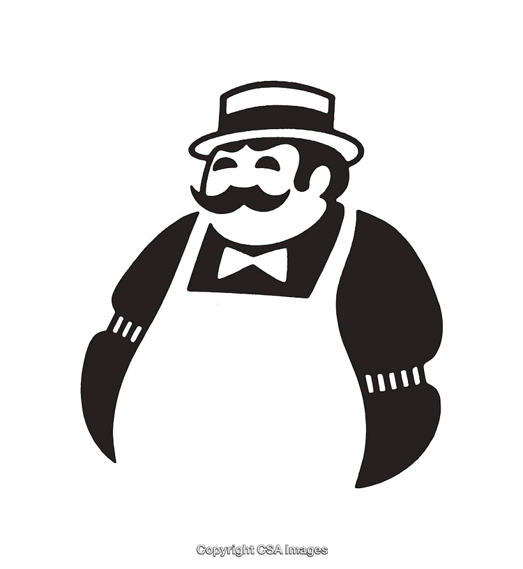 Stylized Black and White Illustration of a Smiling Chef Character