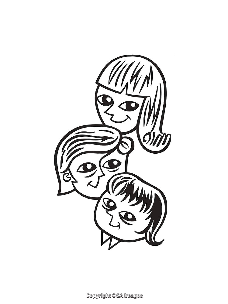 Black and White Line Art Illustration of Three Smiling Faces