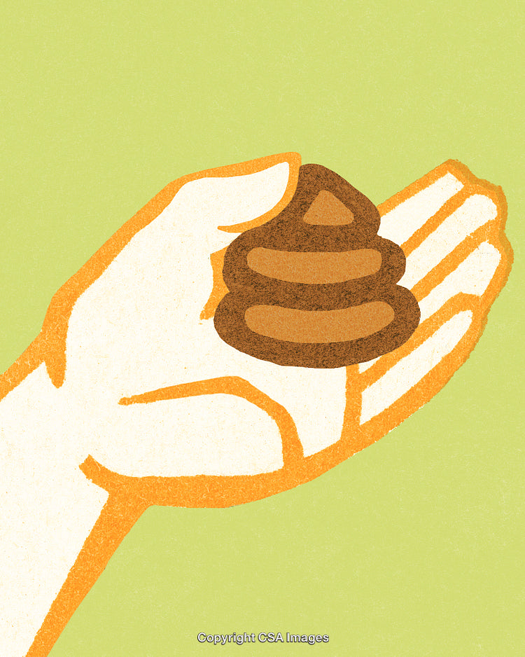 Cartoon Hand Holding a Poop Emoji Illustration on Light Green Background