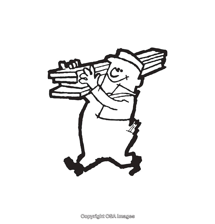 Hand-Drawn Worker Carrying Boards Art in Black and White