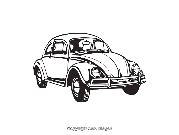 Vintage Beetle Car Illustration in Black and White Line Art Style