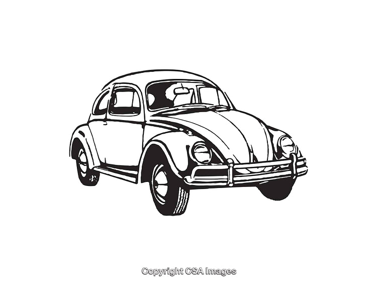 Vintage Beetle Car Illustration in Black and White Line Art Style