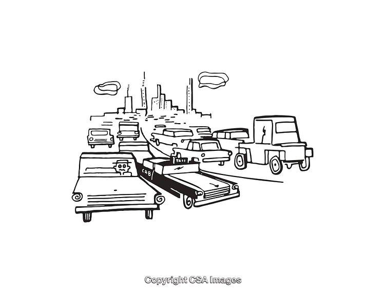 Black and White Illustration of Traffic in an Urban Setting