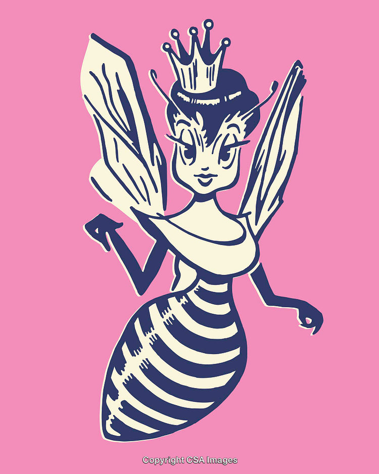 Colorful Retro Illustration of a Bee Queen with a Crown on Pink Background