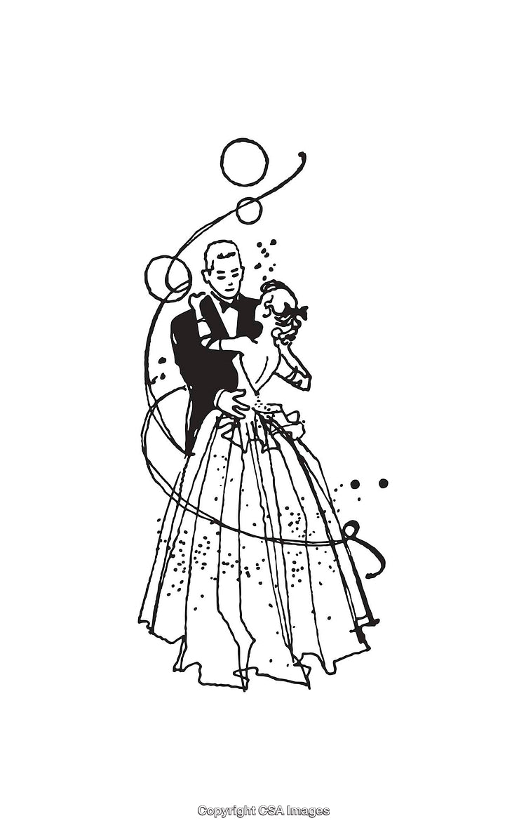 Elegant Couple Performing Dance in Black and White Line Art