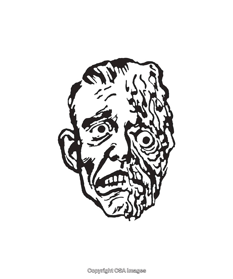 Black and White Line Art of a Distressed Grotesque Face Design