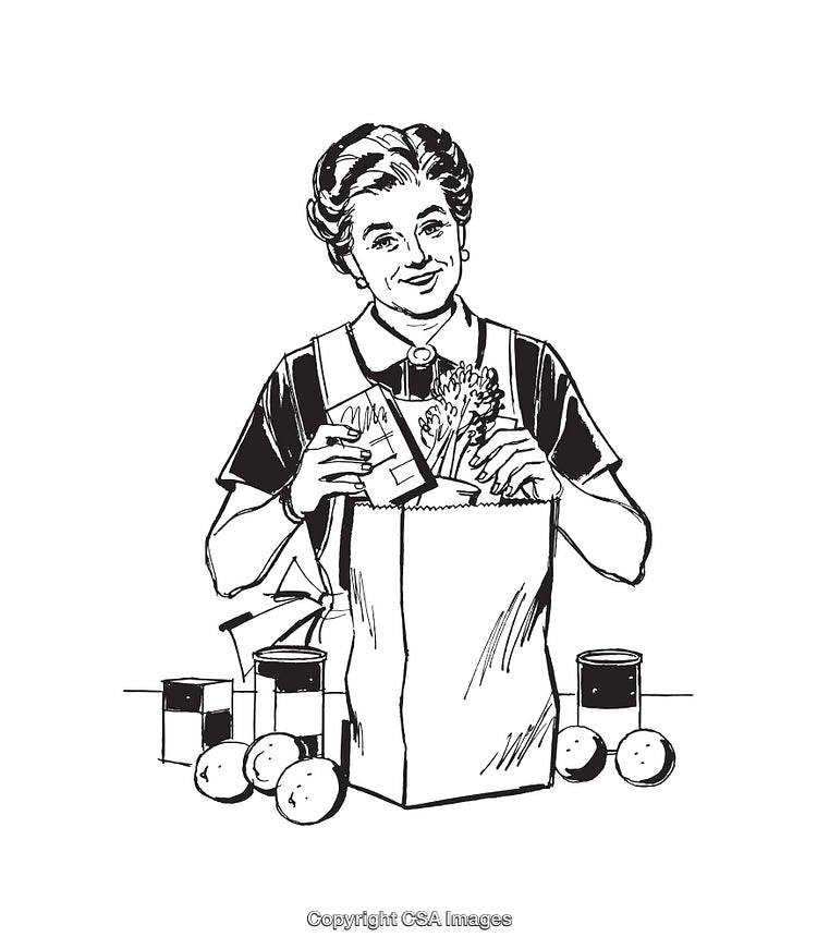 Black and White Illustration of Woman Bagging Groceries