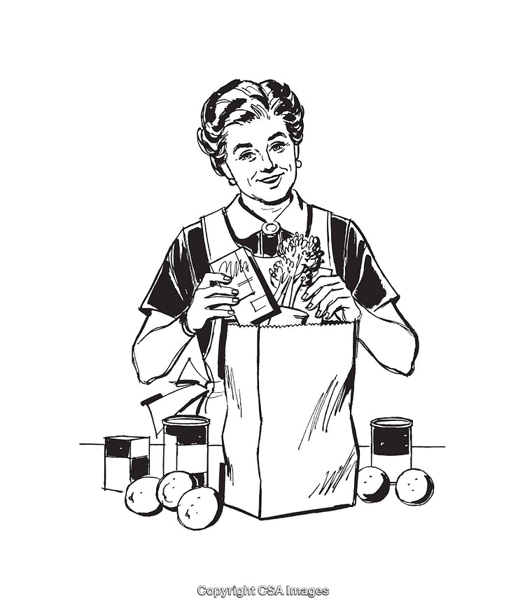 Black and White Illustration of Woman Bagging Groceries