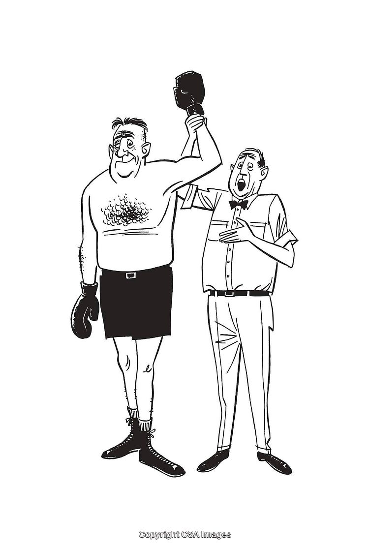 Cartoon Illustration of a Boxing Winner Celebrating with the Referee