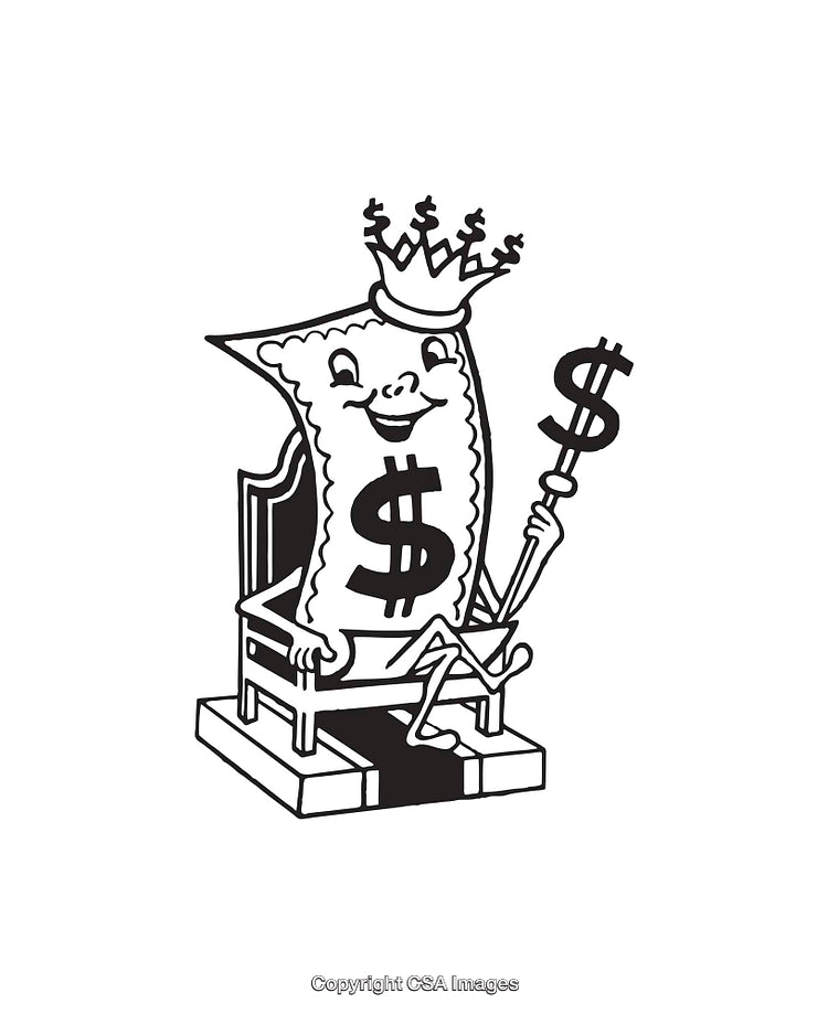 Black And White Cartoonish Illustration of Money Mascot Sitting on a Throne