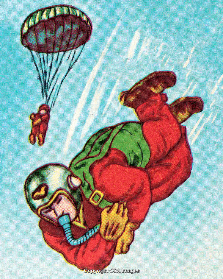 Illustration of Two Skydivers in Flight Wearing Helmets and Parachuting Gear