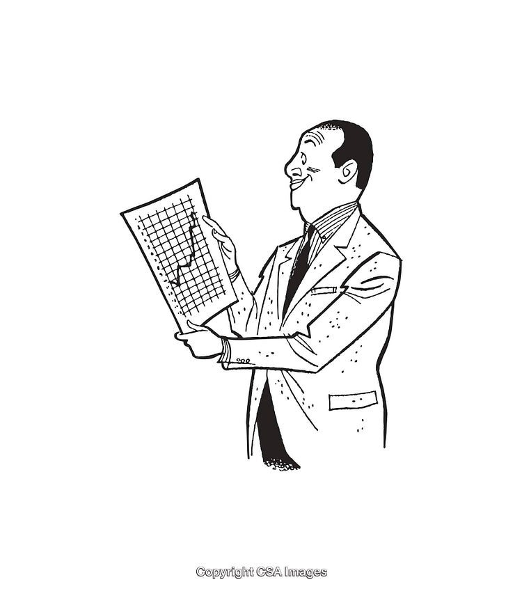 Businessman Studying a Graph Illustration in Black and White Line Art