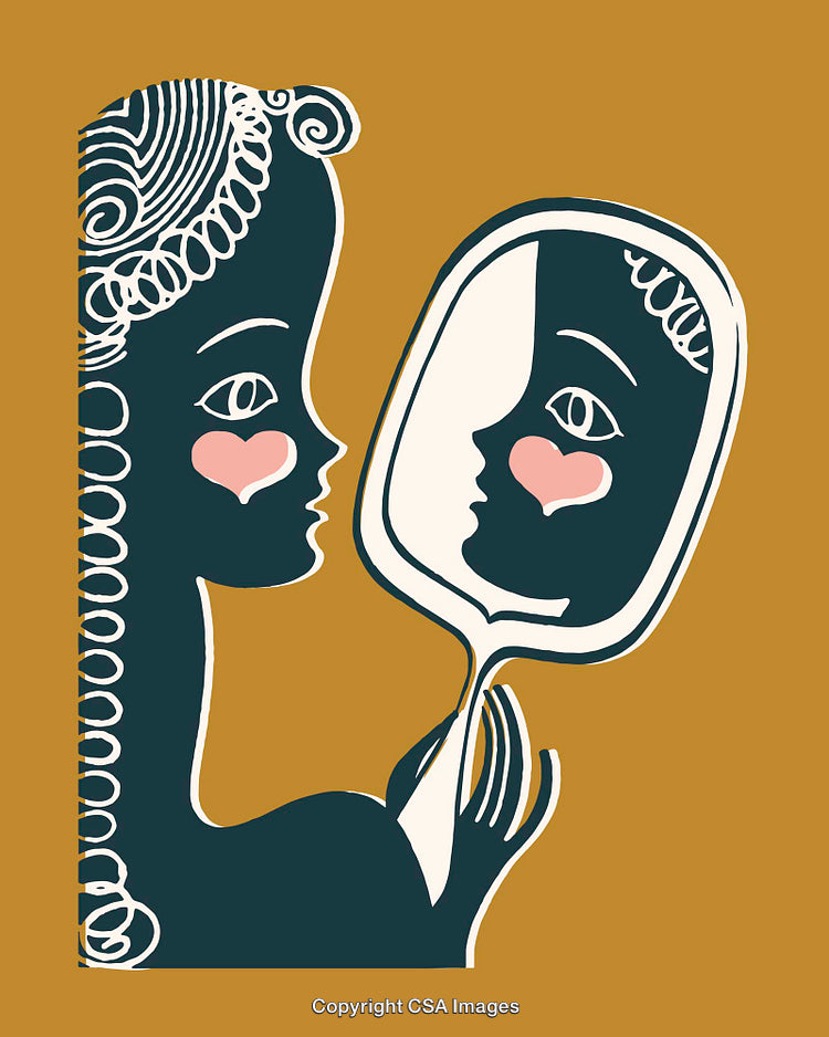 Abstract Drawing of Woman Holding a Mirror Reflecting Her Face