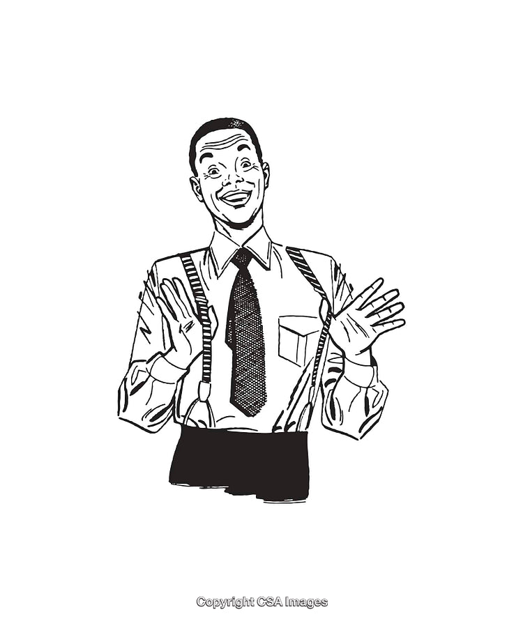 Smiling Businessman Galvanizing Enthusiasm Displayed in Vintage Black and White Illustration