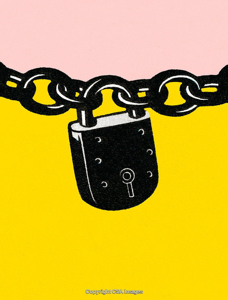 Black Padlock on Chain Over Yellow and Pink Background Illustration