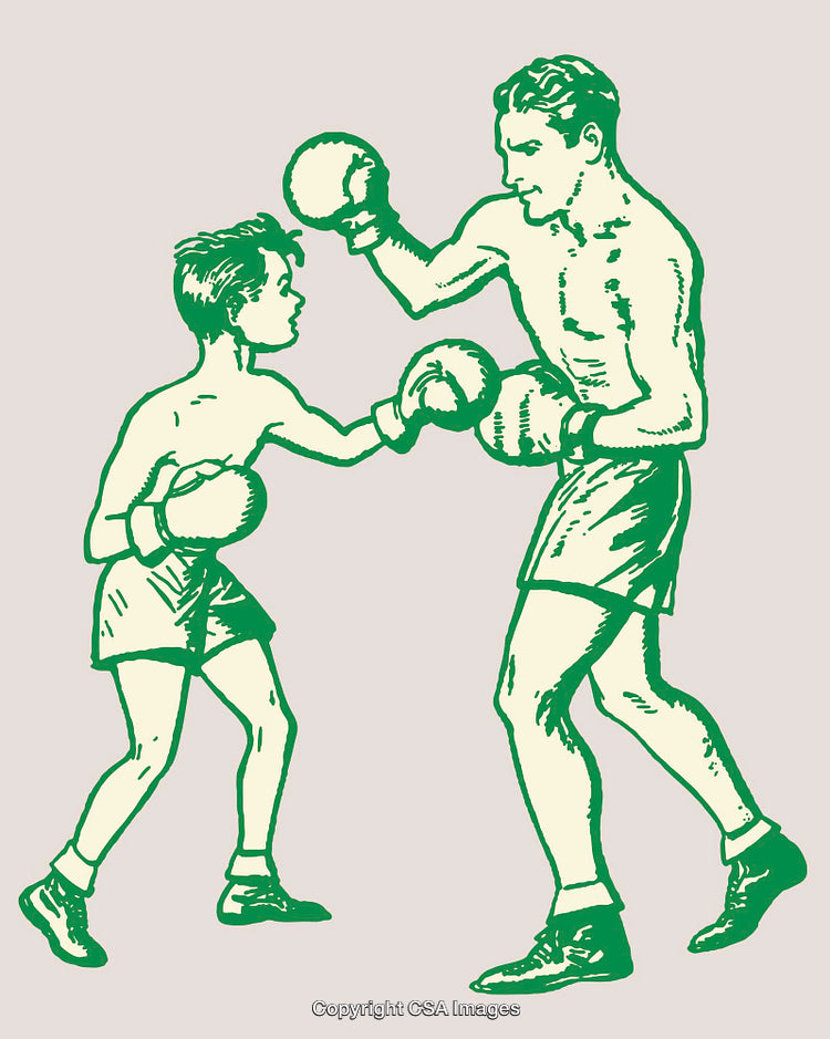 Vintage Line Art Illustration of a Boxing Father and Son Training