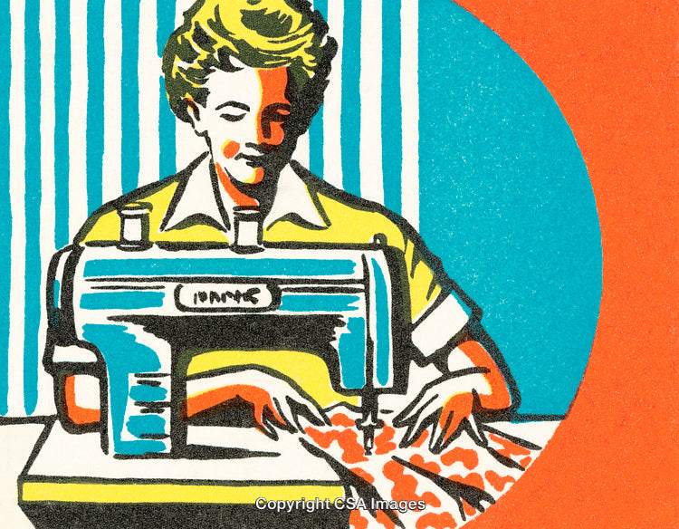 Retro Illustration of a Seamstress Sewing on a Vintage Sewing Machine