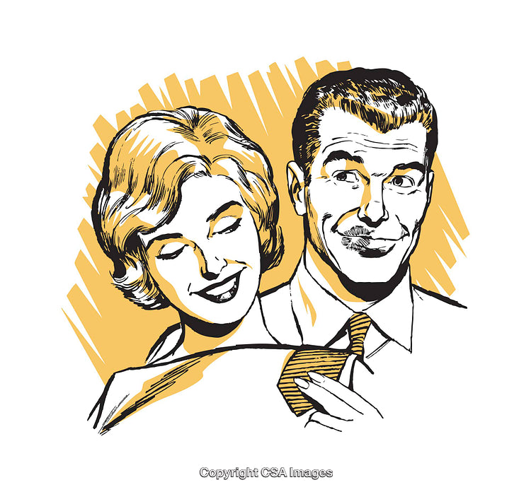 Retro Style Illustration of Affectionate Couple with Bold Yellow Background