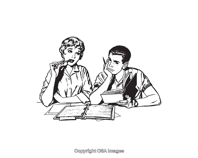 Vintage Line Art of Students Studying Together at a Desk