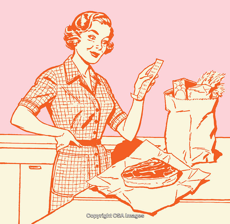 Retro Illustration of a Smiling Woman With Groceries in Line Art Style