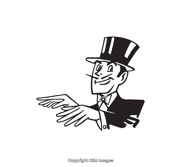 Black and White Illustration of a Character in Top Hat and Suit