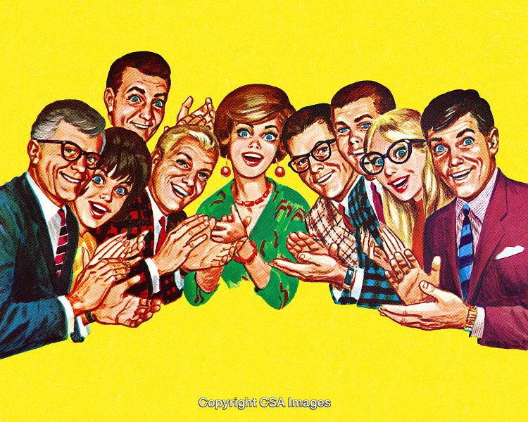 Retro-Style Illustration of a Group of Happy People Celebrating Together