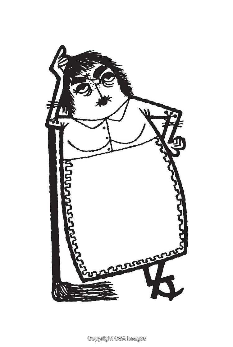 Cartoonish Black and White Drawing of a Contemplative Woman Leaning on a Mop