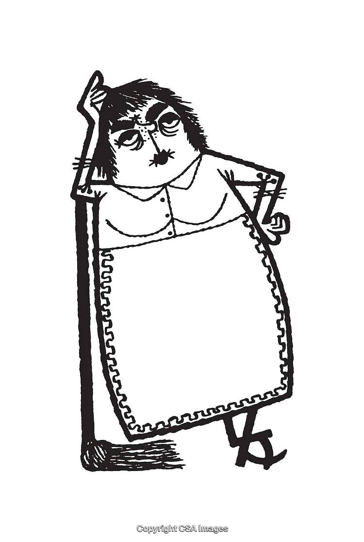 Cartoonish Black and White Drawing of a Contemplative Woman Leaning on a Mop