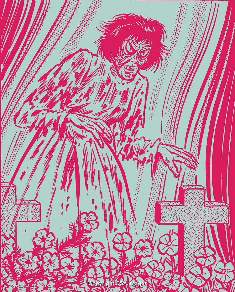 Haunting Illustration of a Ghostly Figure Among Floral Gravestones