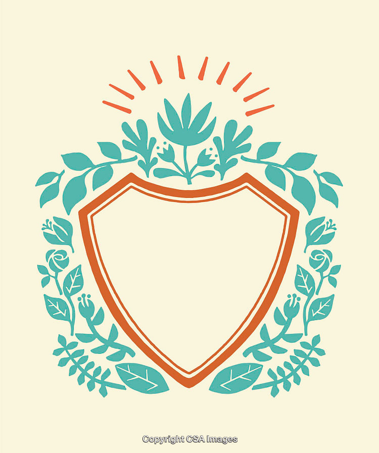 Floral Illustrated Shield Emblem with Leaves and Decorative Motifs