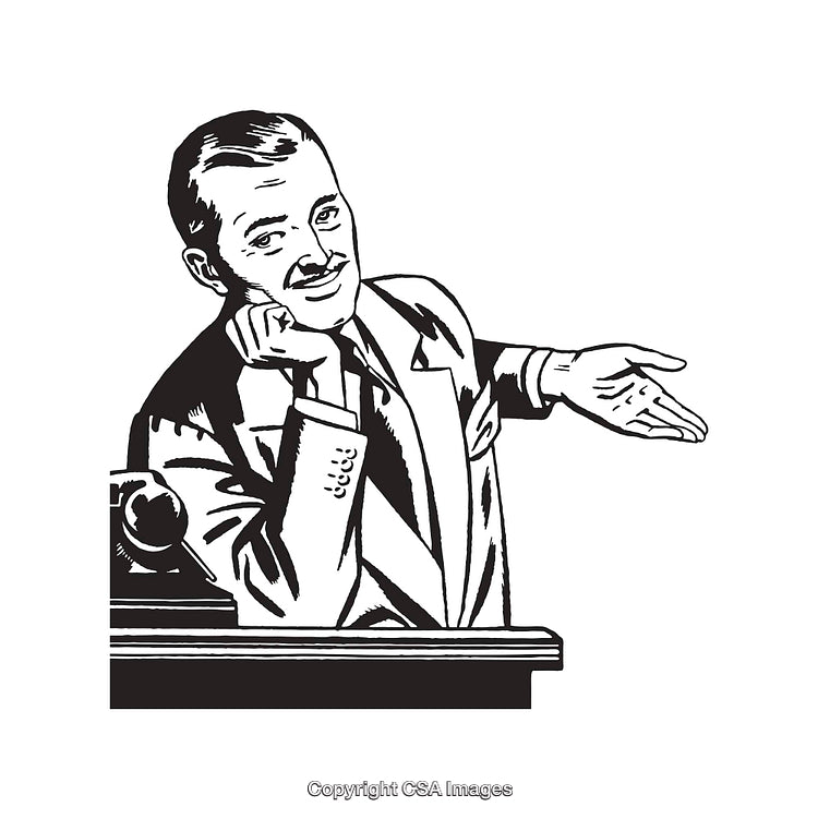 Vintage Black and White Line Art of a Cheerful Businessman